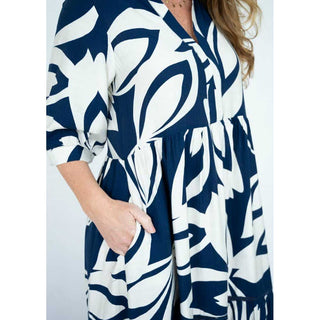 Navy Abstract Tiered Midi Dress