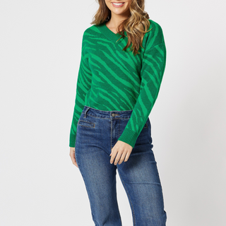 The gorgeous Rio knit v-neck jumper in a stunning jade green color, is perfect for adding a pop of color to any outfit. The jumper also features a trendy tiger print woven pattern in a lighter shade, making it a unique and stylish piece for any wardrobe. 